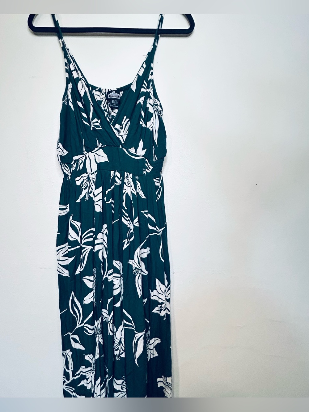 Angie 1XL Green and White Floral Romper with Spaghetti Straps